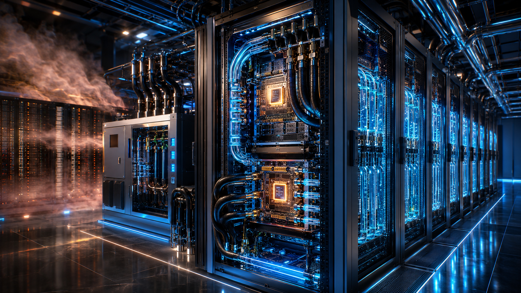 Liquid-cooled AI rack and heat removal graphic