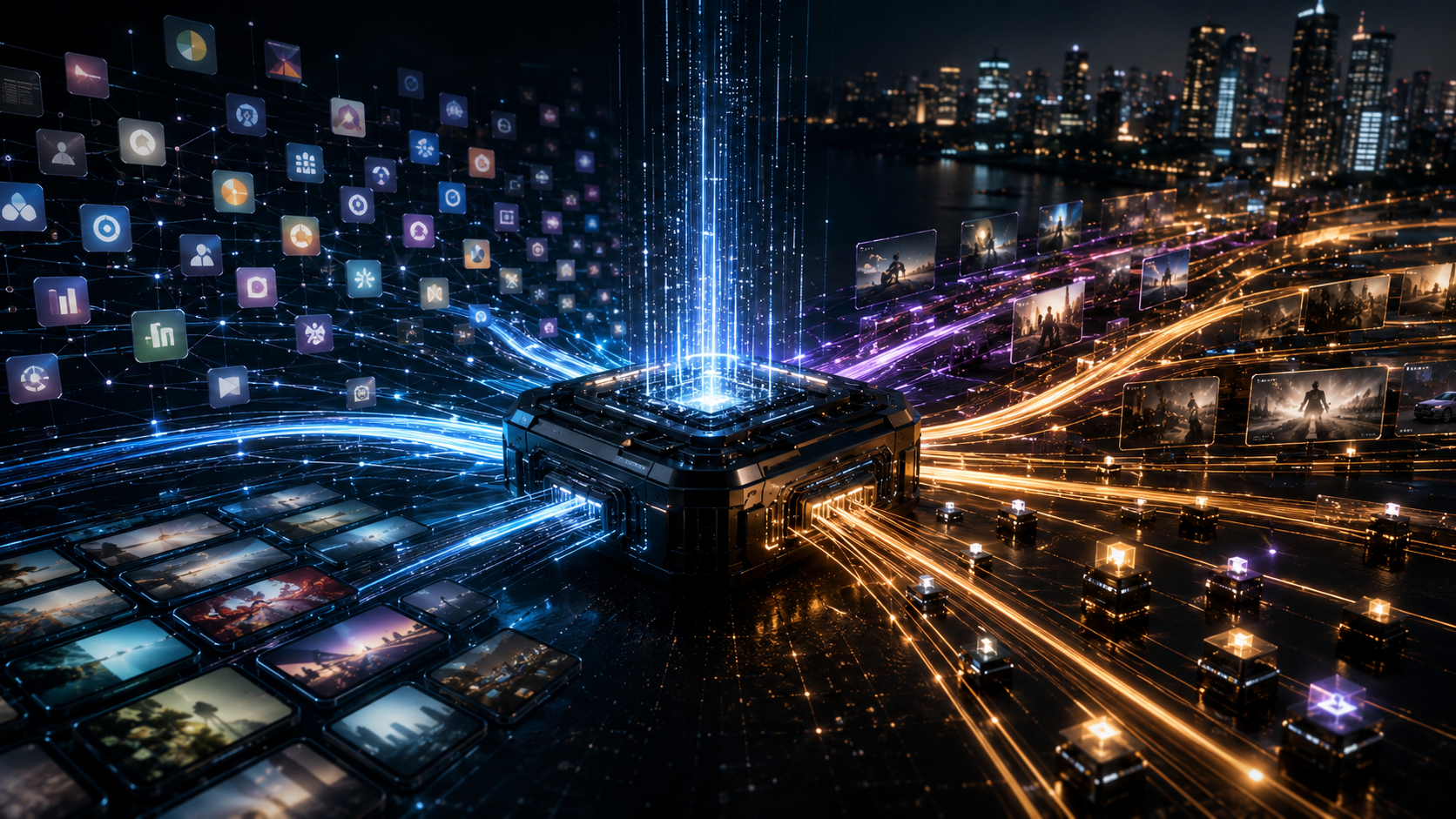 Abstract adtech platform graphic with self-serve access and scaling performance bars
