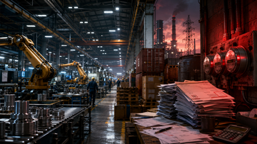 Abstract manufacturing and pricing pressure graphic with factories, orders, and cost signals