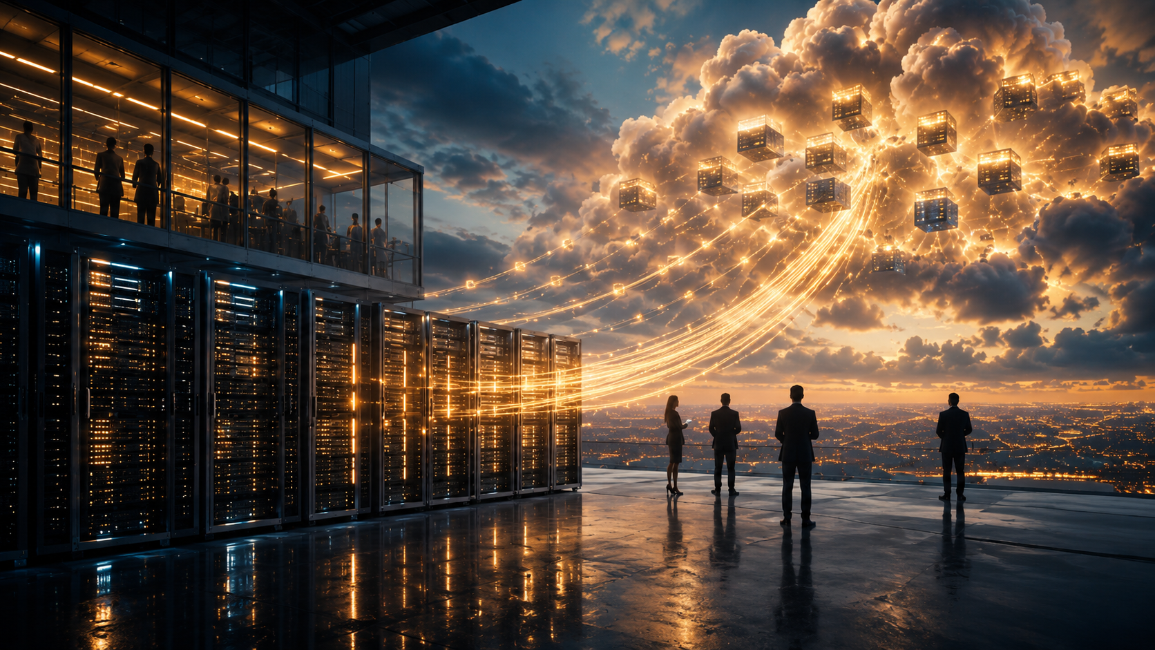 Abstract cloud and compute graphic showing excess AI capacity turning into revenue