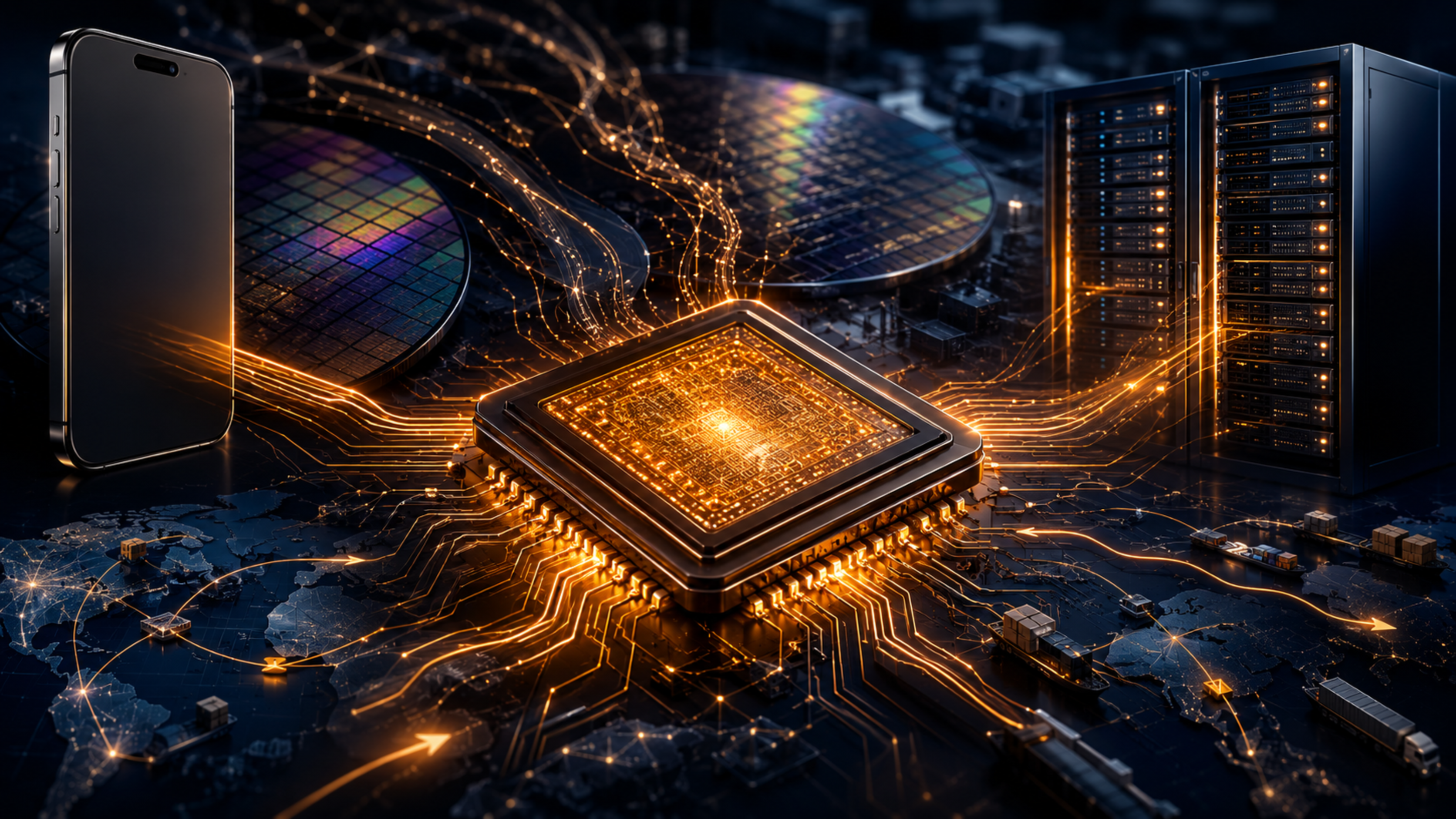 Stylized chip supply chain graphic connecting Apple, Broadcom, memory pricing, and factory lanes