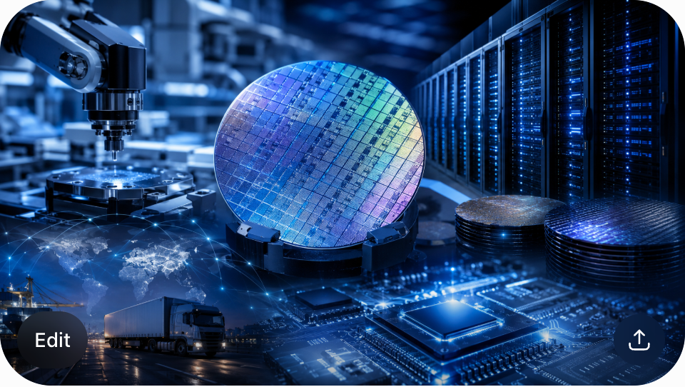 Semiconductor wafer and chip supply chain graphic showing upstream control and AI memory leverage