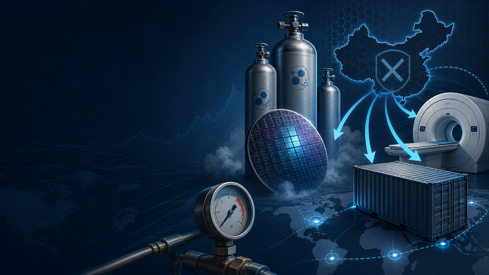 Helium tanks, semiconductor wafer, and MRI magnet connected by supply-chain arrows