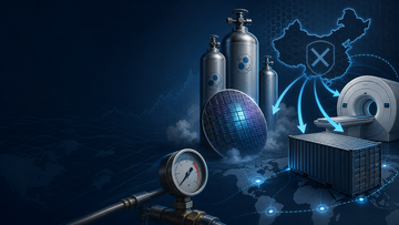 Helium tanks, semiconductor wafer, and MRI magnet connected by supply-chain arrows