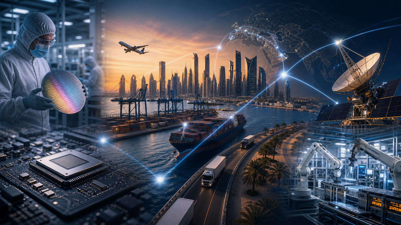 UAE trade corridor, export control upgrade, and strategic tech flow graphic