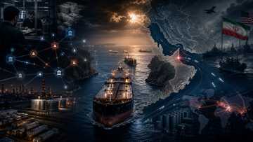 Strait of Hormuz shipping risk, sanctions network, and oil risk premium graphic