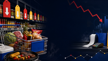 Grocery cart, price tags, and receipt tape showing summer rollbacks