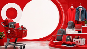 Red retail display with school supplies, apparel, and a value basket