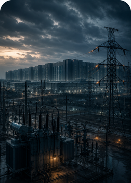 Data center and power-grid graphic showing electricity and interconnection bottlenecks