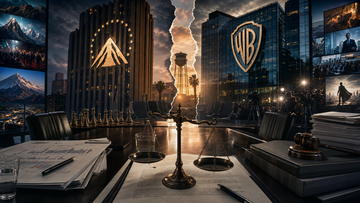Hollywood merger battle with studio towers, antitrust scales, and streaming platforms