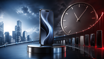 An Apple smartphone at a market peak facing a slowing replacement-cycle clock and a divided Wall Street research desk