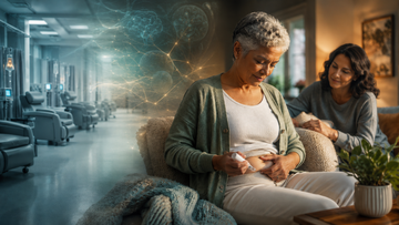 An Alzheimer's patient using an at-home autoinjector while a distant infusion clinic and brain amyloid imaging fade into the background