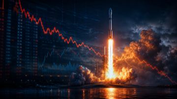 SpaceX rocket lifting off, stock chart falling toward IPO price, and Nasdaq 100 inclusion ticker