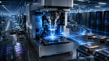 An ASML EUV scanner and semiconductor fab backdrop with capacity bars rising, guidance boxes, and AI chip demand flowing through the lithography bottleneck