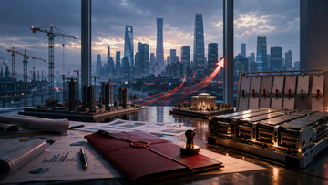 China skyline, GDP bar chart falling, Beijing stimulus symbols, and Nvidia H200 chip on a shipment manifest
