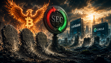 A graveyard of fallen crypto IPO tombstones next to a verified-facts sign, with the Coinbase and Circle logos waiting in the wings