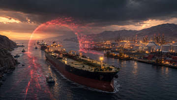 A giant container ship at the Strait of Hormuz with a 20% toll sign, the IMO logo, and a one-day reversal timeline