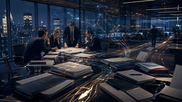 JPMorgan tower with 1000 AI use cases tally, headcount bars shrinking, and a labor-market tape scrolling by