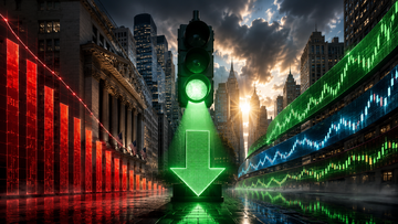 A falling CPI bar chart under a green light, the Fed pivot arrow turning down, and the Nasdaq, S&P 500, and Russell 2000 tickers rising in unison