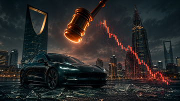 A Saudi-backed Lucid EV next to a shattered PIF logo and a Chapter 11 court gavel, with EV peer tickers falling in the background
