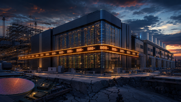 An Oracle data center skyline next to a bond rating ticker showing BBB and a falling-angel warning sign, with AI capex scaffolding