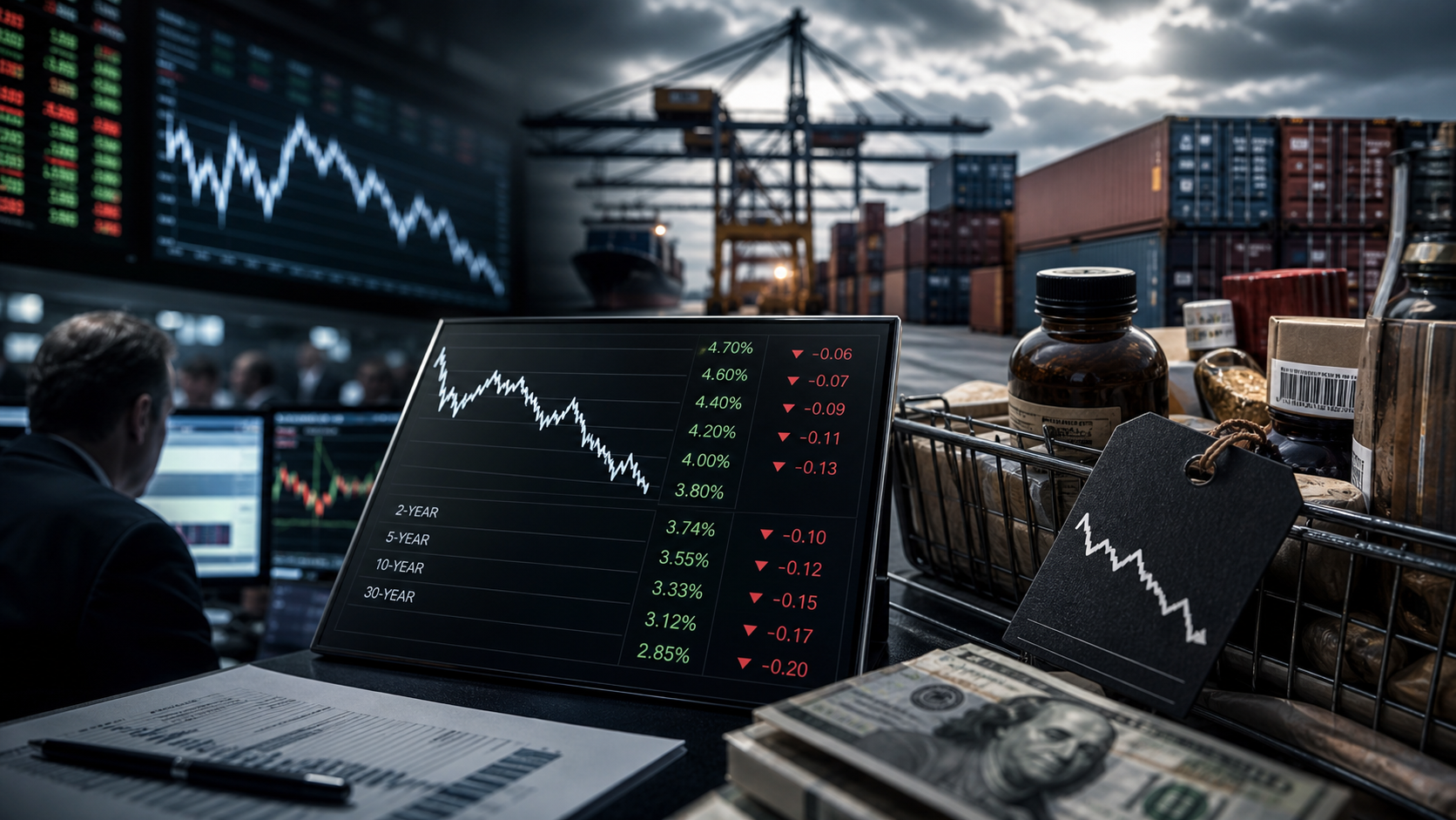 A macro inflation dashboard with the June PPI print, lower gasoline prices, Treasury yield reactions, and a Fed decision tree pointing to a hold