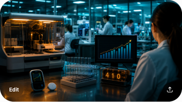 A medical device research lab with Abbott diagnostics equipment, a Q2 earnings chart showing +13% sales growth, a 410th consecutive dividend counter, and a diabetes monitoring device with FreeStyle Libre continuous glucose monitor