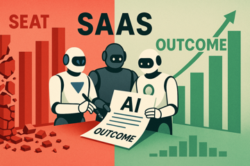 A crumbling seat-based pricing chart on the left, a rising outcome-based pricing chart on the right, with AI agents (Sierra, Salesforce Agentforce, ServiceNow) at the center rewriting the contract