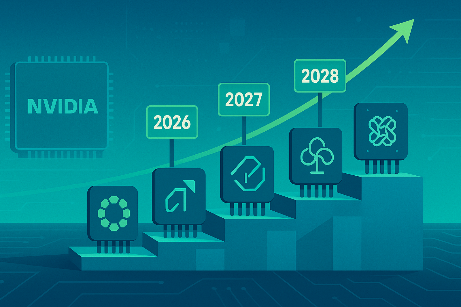 Five AI chip logos on a public-market podium with Nvidia in the distance as the incumbent, with rising IPO valuation tags for the 2026-2028 calendar