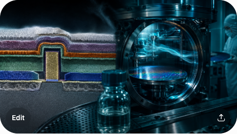 A cross-section of a high-k metal gate transistor showing multiple ALD-deposited thin films, an ALD reactor chamber with a 300mm wafer inside, and a precursor chemical bottle of TMA in a cleanroom