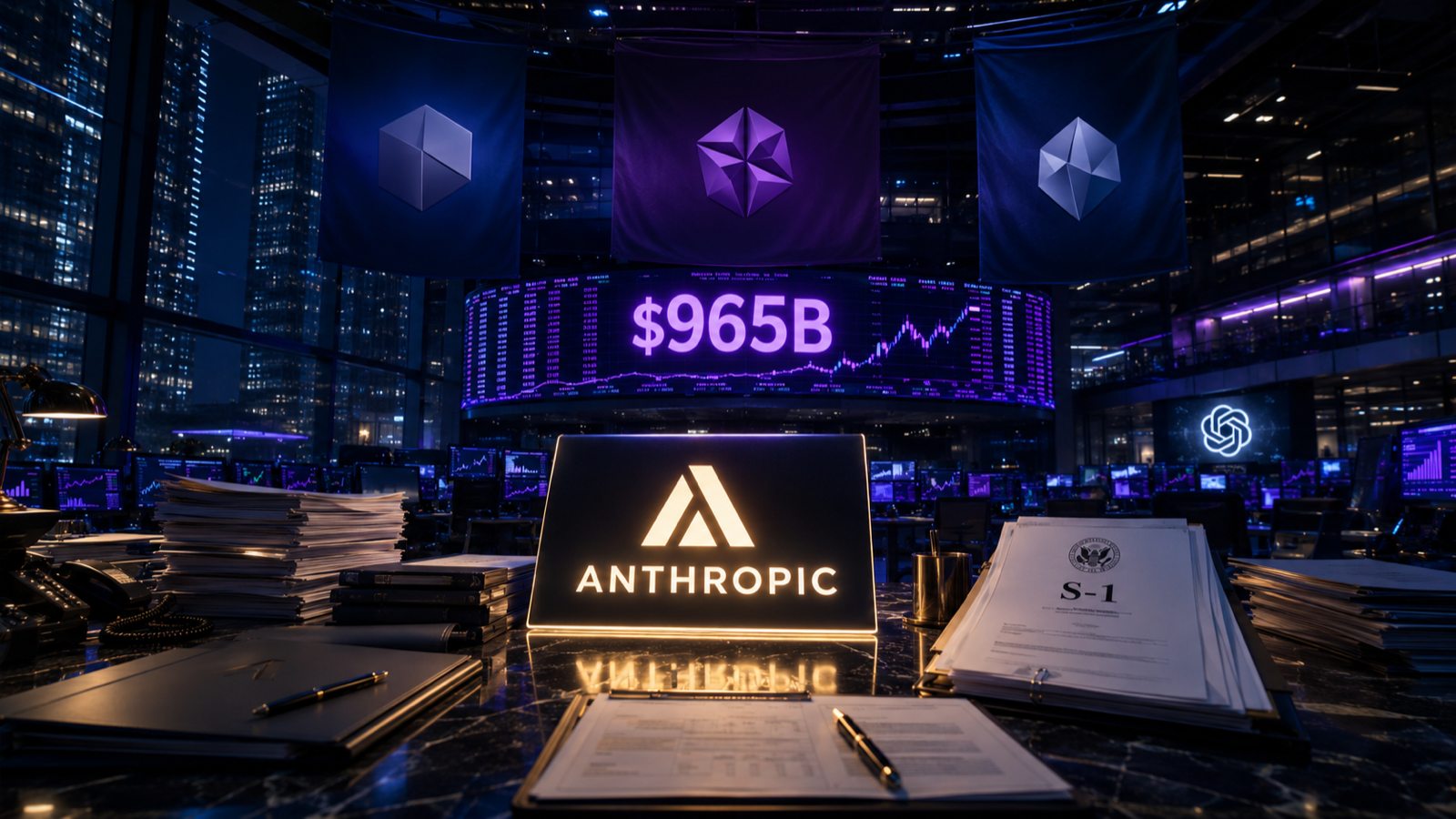 Anthropic Claude logo on a Wall Street trading desk, with Goldman Sachs Morgan Stanley and JPMorgan banners, a $965B valuation ticker, and the OpenAI logo in the distance