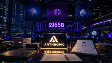 Anthropic Claude logo on a Wall Street trading desk, with Goldman Sachs Morgan Stanley and JPMorgan banners, a $965B valuation ticker, and the OpenAI logo in the distance