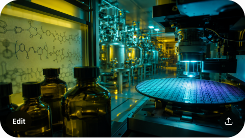 A close-up of ArF photoresist bottles in a cleanroom, a polymer chemistry diagram, a 300mm wafer with ArF-patterned features, and a row of chemical reactor vessels in a Japanese specialty chemical plant