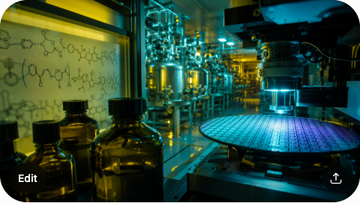 A close-up of ArF photoresist bottles in a cleanroom, a polymer chemistry diagram, a 300mm wafer with ArF-patterned features, and a row of chemical reactor vessels in a Japanese specialty chemical plant