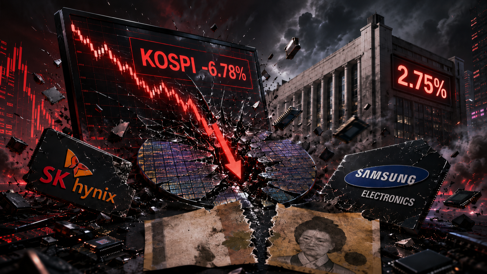 Bank of Korea building with a 2.75% rate sign, won currency bill recovering from a 17-year low, and Samsung/SK Hynix/Hyundai tickers in the foreground