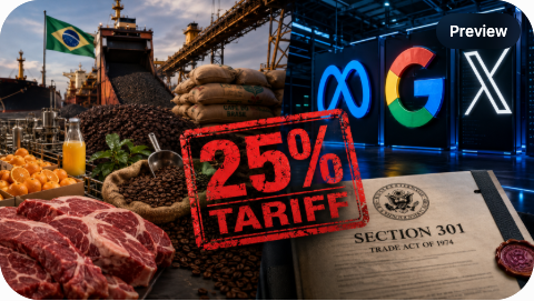 A split-view showing Brazilian commodity exports (orange juice, beef, coffee, iron ore) on one side and US tech platform logos (Meta, Google, X) on the other, with a 25% tariff stamp overlay and Section 301 trade act document