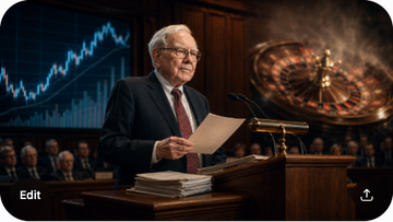 A Berkshire Hathaway shareholder meeting scene with Warren Buffett at a podium, a glowing Alphabet stock ticker on one side and a faded casino/gambling wheel on the other, with the words value investing contrasted against speculative frenzy