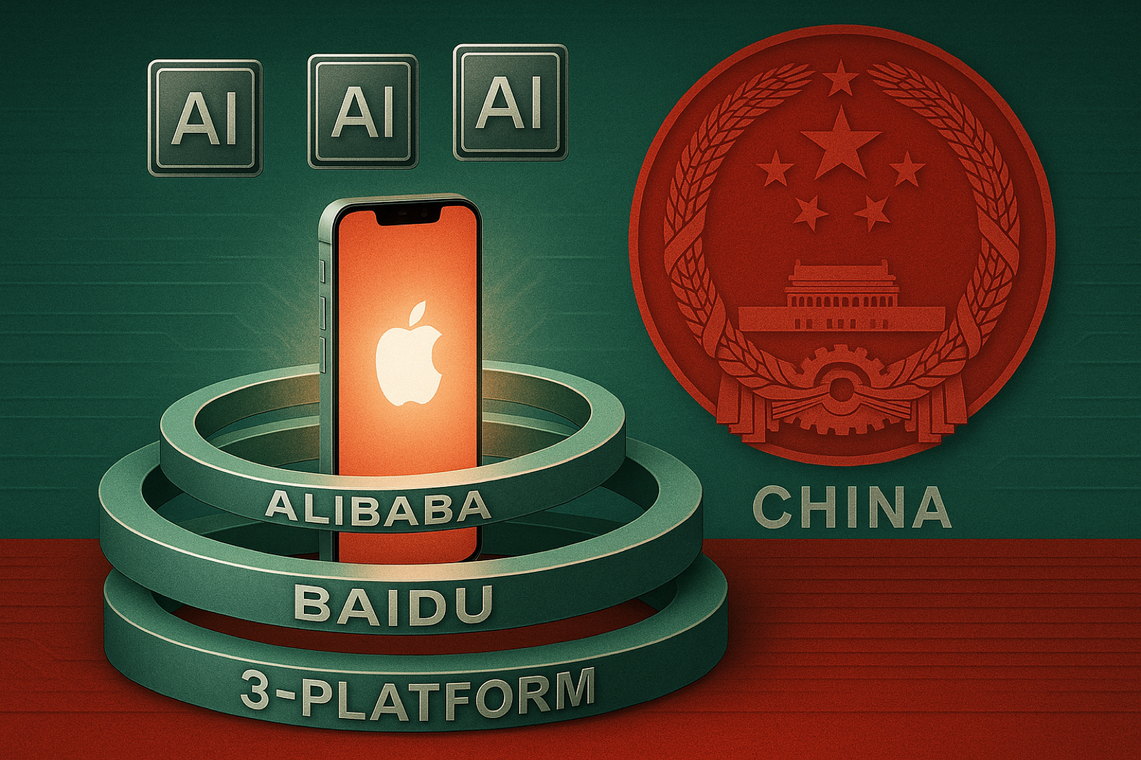 Three concentric AI platforms representing Alibaba, Baidu, and Huawei interlocking with a glowing Apple iPhone in the center and the Cyberspace Administration of China seal in the background