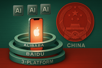 Three concentric AI platforms representing Alibaba, Baidu, and Huawei interlocking with a glowing Apple iPhone in the center and the Cyberspace Administration of China seal in the background