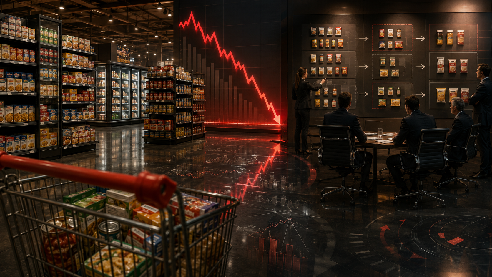 Packaged food shelves, dividend cut graphics, and a margin pressure dashboard for Conagra