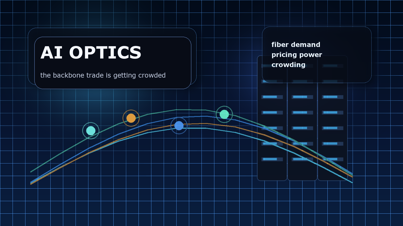 Fiber-optic cables, photonics equipment, AI data center racks, and a valuation chart pulling back from a steep rally
