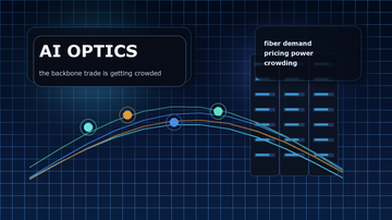 Fiber-optic cables, photonics equipment, AI data center racks, and a valuation chart pulling back from a steep rally