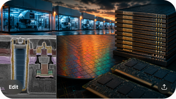 A cross-section of a 1b DRAM cell with a deep trench capacitor, a DRAM wafer with DDR5 memory modules, a 12-Hi HBM stack in the background, and a row of DRAM fabs with EUV scanners