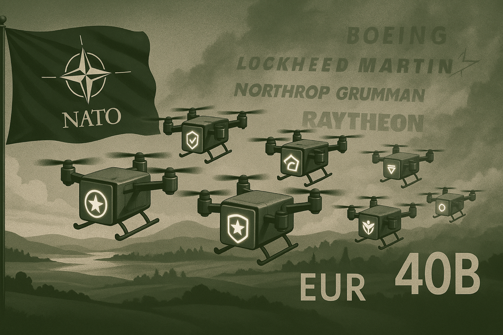 A NATO flag over a European landscape with a swarm of autonomous drones, Helsing and Auterion startup logos glowing, and legacy defense primes fading into the background