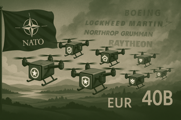 A NATO flag over a European landscape with a swarm of autonomous drones, Helsing and Auterion startup logos glowing, and legacy defense primes fading into the background