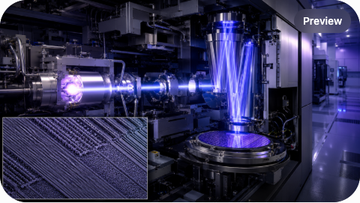 An ASML EUV scanner with a Zeiss mirror projection optics assembly, a tin droplet laser plasma source, a 300mm wafer on a stage, and a photomicrograph of an EUV-exposed wafer pattern at sub-3nm resolution