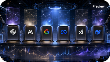 A panoramic view of frontier AI model architectures with OpenAI, Anthropic, Google Gemini, Meta Llama, xAI Grok, and DeepSeek logos arranged as podium tiers, with benchmark scorecards floating above and revenue charts below