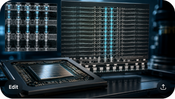 A cross-section of an HBM3E 12-Hi stack showing 12 DRAM dies stacked vertically with through-silicon-vias, a base logic die, a photomicrograph of a TSV, and an Nvidia H200/B100 GPU package in the foreground