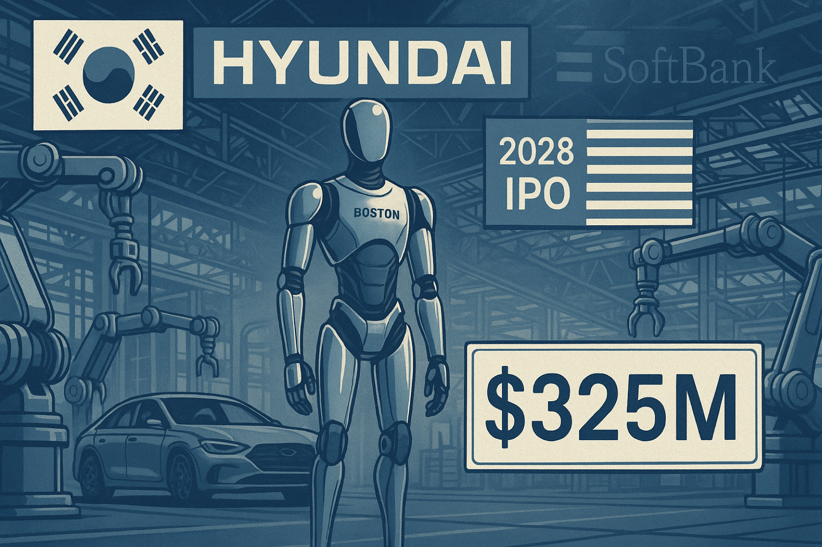 A humanoid robot standing in a Hyundai factory with Korean and American flags side by side, SoftBank logo fading in the background, a 2028 IPO banner, and a $325M check overlay