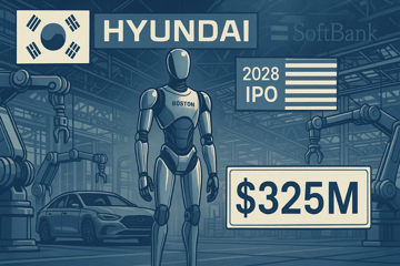 A humanoid robot standing in a Hyundai factory with Korean and American flags side by side, SoftBank logo fading in the background, a 2028 IPO banner, and a $325M check overlay